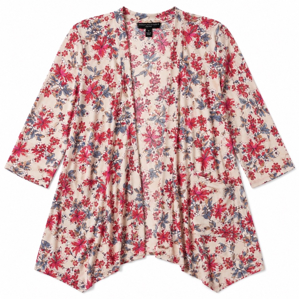 Floral Kimono Women 1X Plus Open Front Topper Pockets Boho Signature Studio - Picture 3 of 12